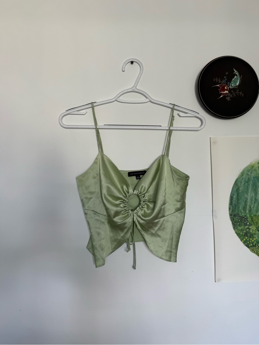 Satin Ruched Front Crop Camisole — Light Sage